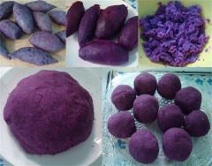Trong thời gian chờ ủ bột bánh bao trà xanh (khoảng 1 tiếng đồng hồ), luộc chín khoai lang tím, lột vỏ, nghiền mịn và bắt viên làm nhân bánh bao.