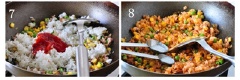 Tiếp đến cho thịt gà vào đảo cùng chút muối. Khi thịt gà săn lại thì bạn cho đậu, ngô, nấm vào xào. Cho cơm vào đảo nhanh tay cùng tương cà khoảng 2-3 phút thì nêm nếm gia vị cùng chút muối. Cuối cùng, tắt lửa và lấy cơm ra tô đựng.