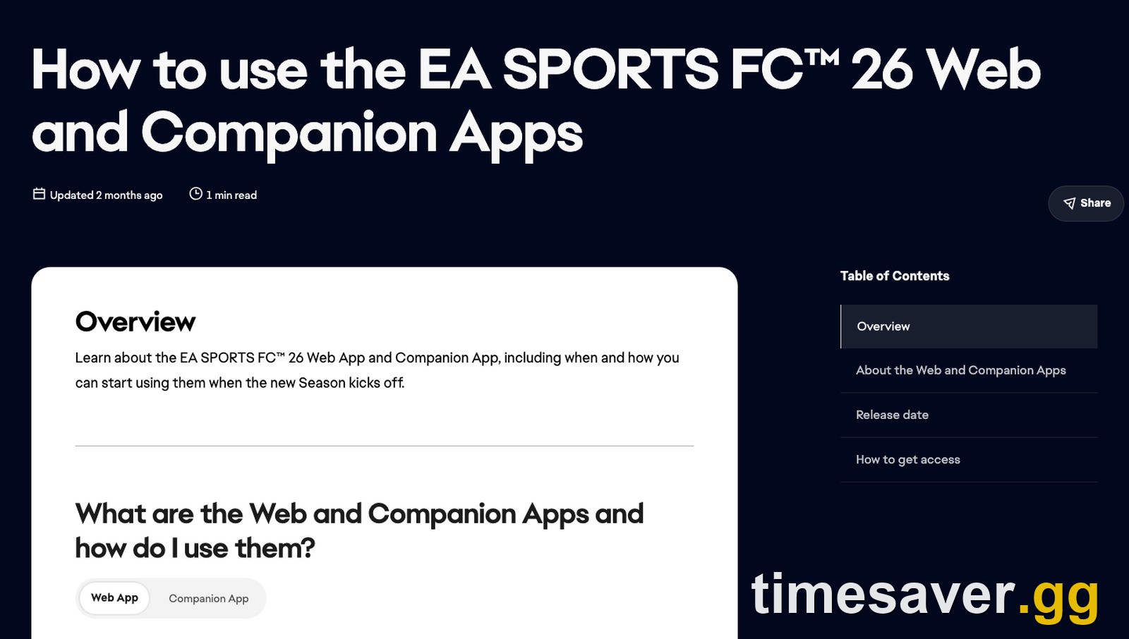EA Help article titled How to use the EA SPORTS FC 26 Web and Companion Apps, still the FC 26 version two months after its last update