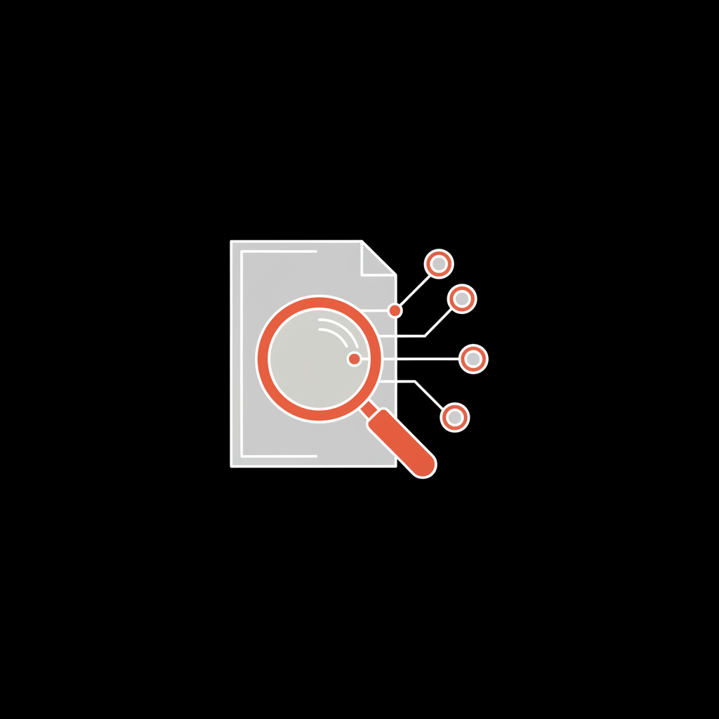 Minimal vector infographic of a magnifying glass inspecting a document with connected source nodes, in high-contrast brand colors representing source verification on a Wikipedia page.