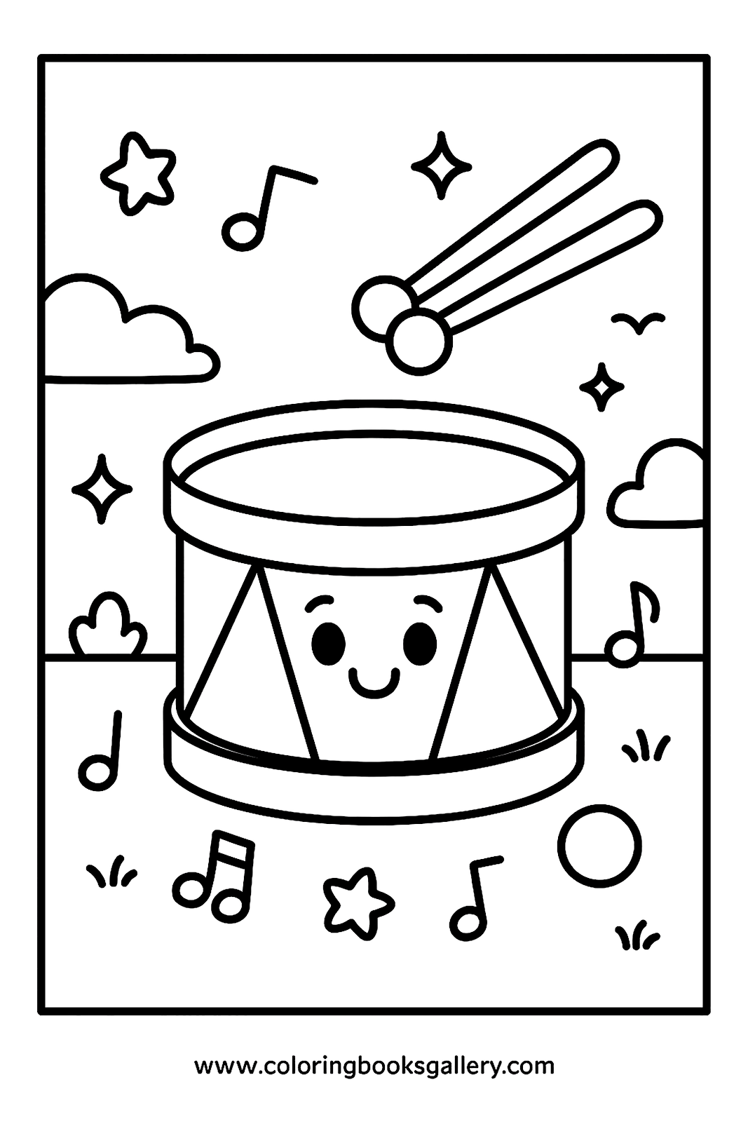 Toy Drum with Drumsticks – Free Printable Coloring Sheet for Kids and Adults – free coloring page for kids