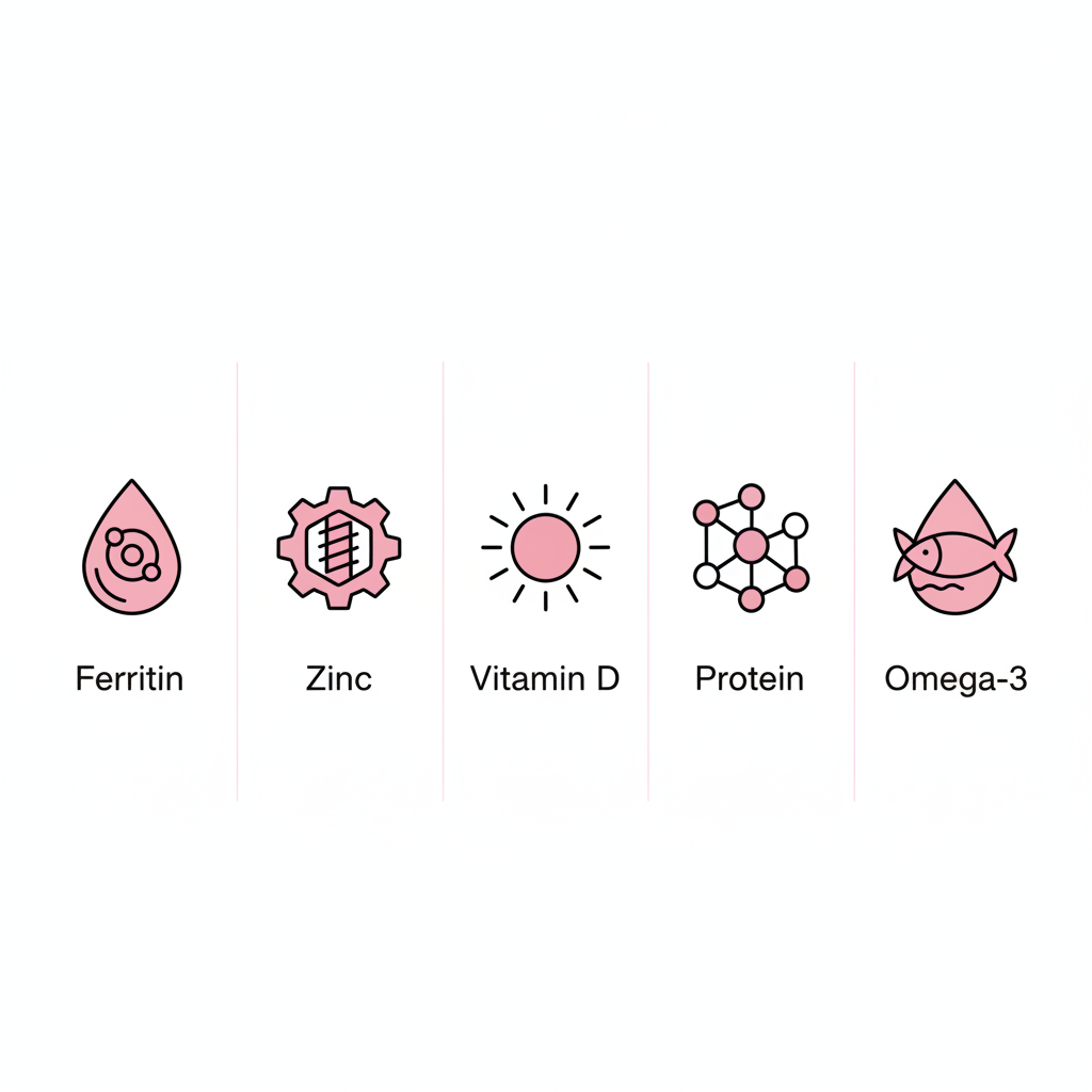 Vektor-Infografik mit fünf Icons (Ferritin, Zink, Vitamin D, Protein, Omega-3) in NailX-Stil auf weißem Hintergrund, Akzentfarbe #f57fb6, Thema: brüchiges Haar.