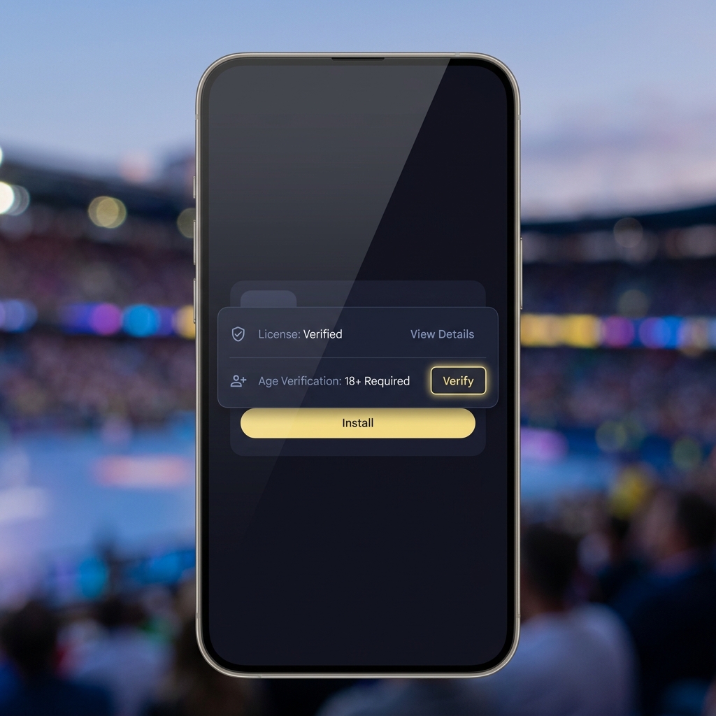 Close up of a smartphone Play Store listing showing license and age verification lines with blurred stadium background for betting apps for android phones
