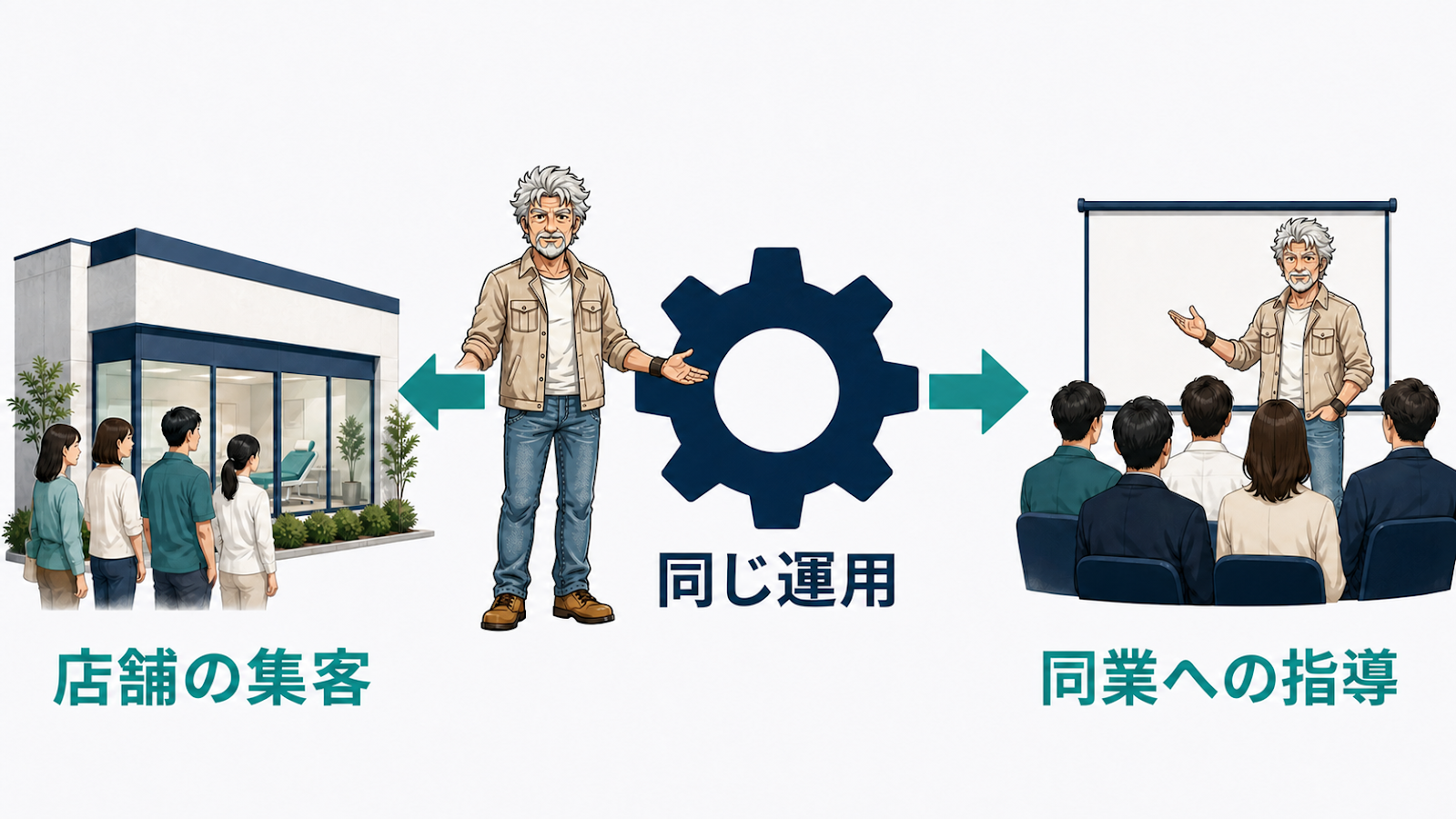 同じ運用が店舗の集客と同業への指導の両方を回している図