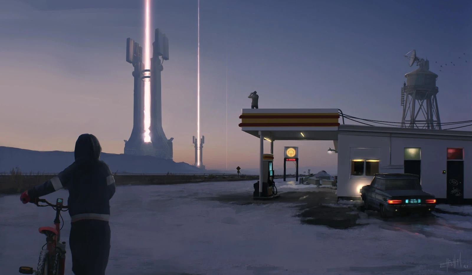 Futuristic Towers At Snowy Gas Station - Digital Concept Art 5K Wallpaper (5379x3136)