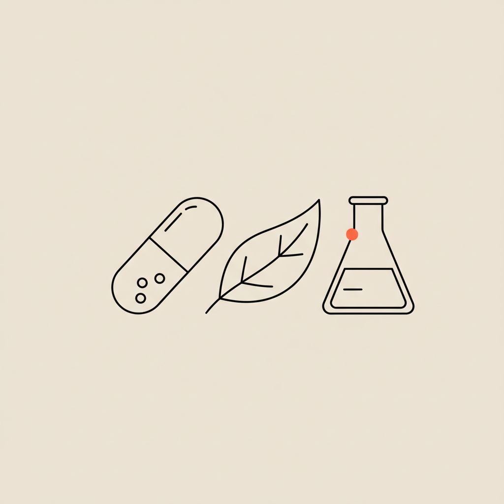 Minimalist line illustration of capsule, leaf and beaker on beige background, symbolizing supplements, nature and science — chromium side effects