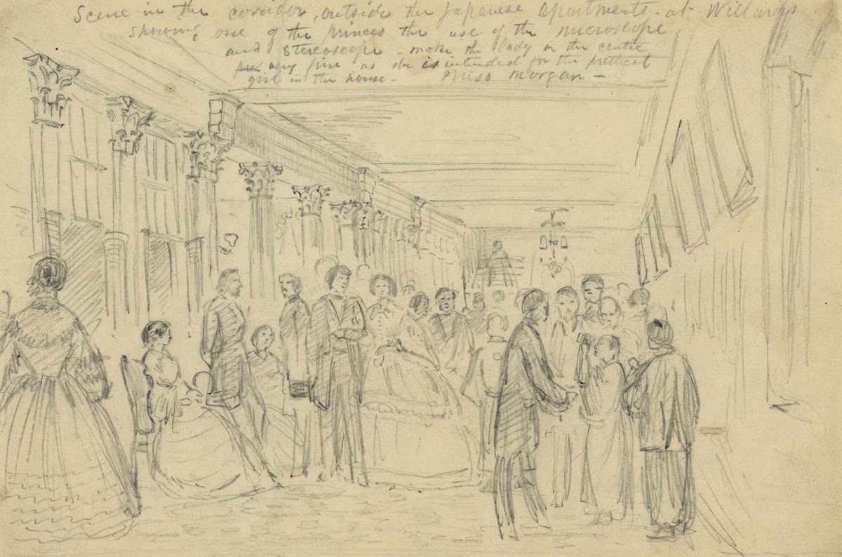 Scene in the corridor outside the Japanese apartments at Willards showing one of
