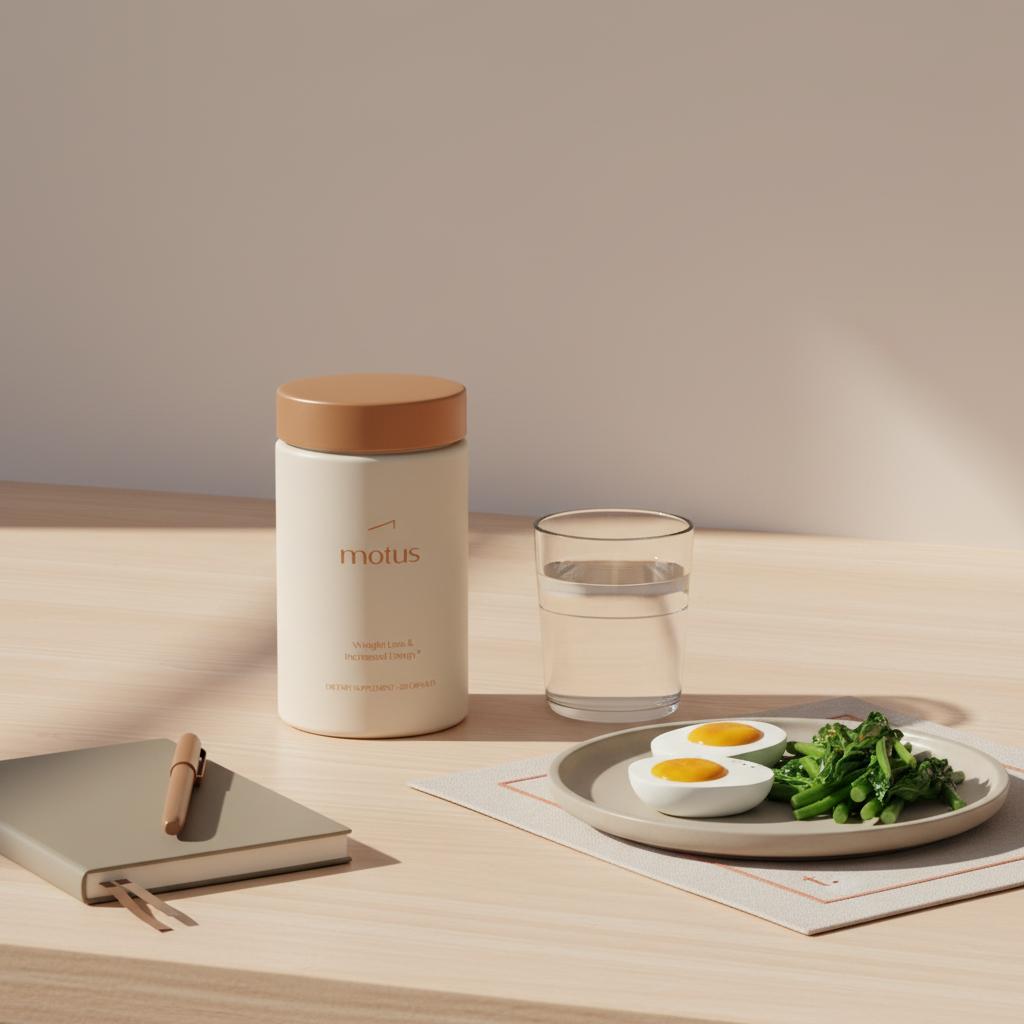 Minimalist kitchen morning scene with Tonum Motus supplement from reference on a wooden counter beside a glass of water, plate of eggs and greens, and a notebook — can i drop 10 pounds in 3 days