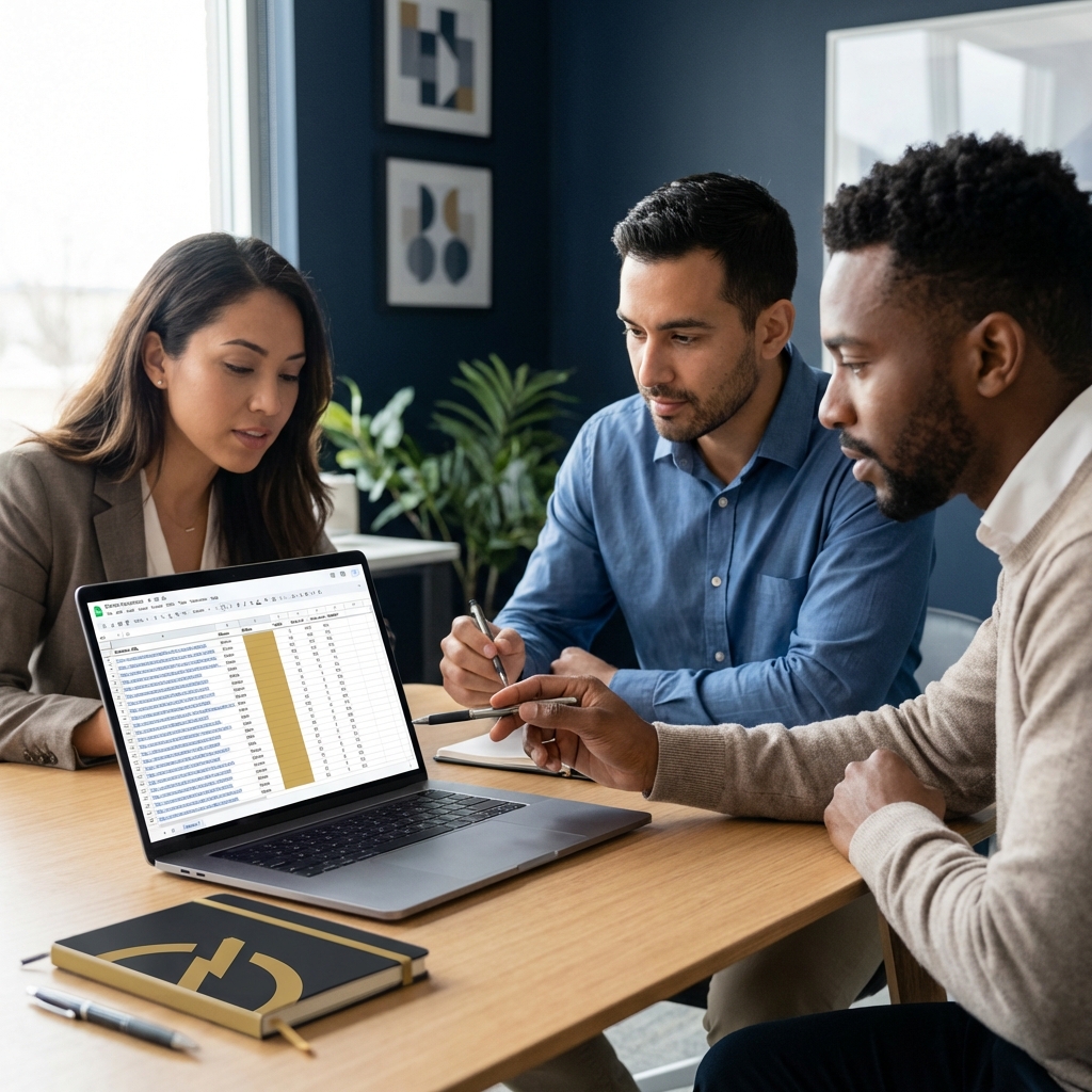 Cross functional team reviewing a content audit spreadsheet on a laptop for content optimization against a minimalist dark blue brand background