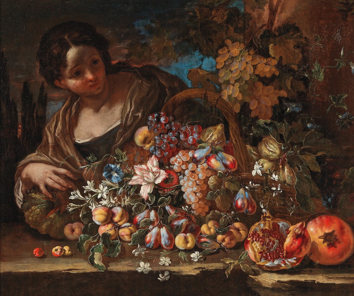 Flowers and fruit on a stone ledge with a young woman