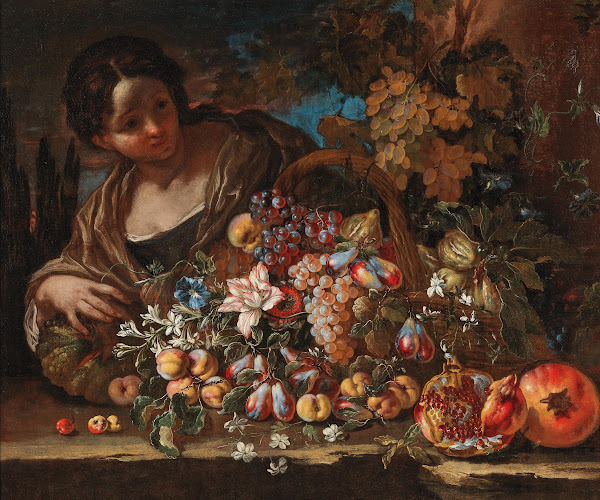 Flowers and fruit on a stone ledge with a young woman