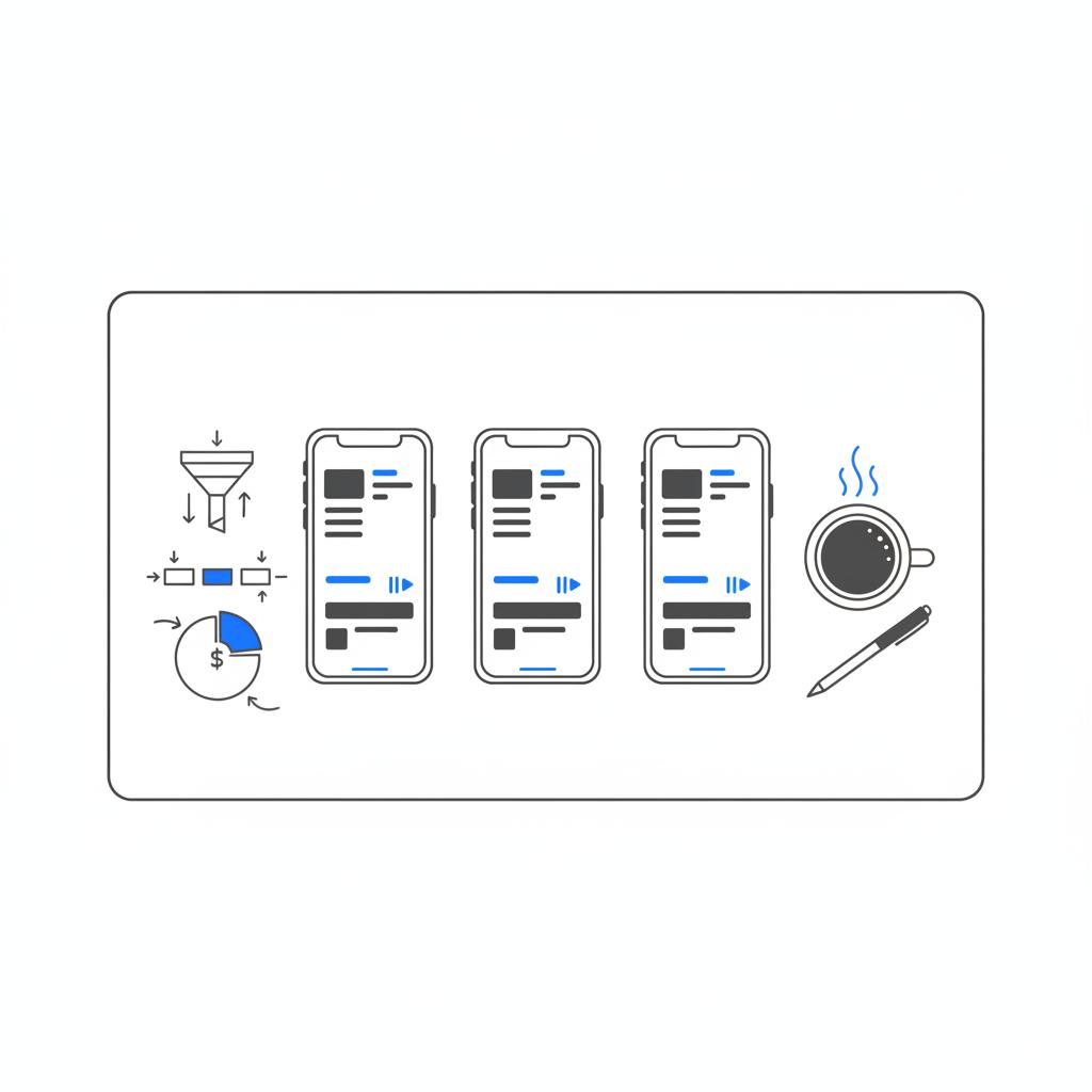 Minimalist 2D vector flat-lay of three vertical phone mockups and sketch-style campaign diagrams on a white page illustrating TikTok ads planning, with a coffee cup and pen.