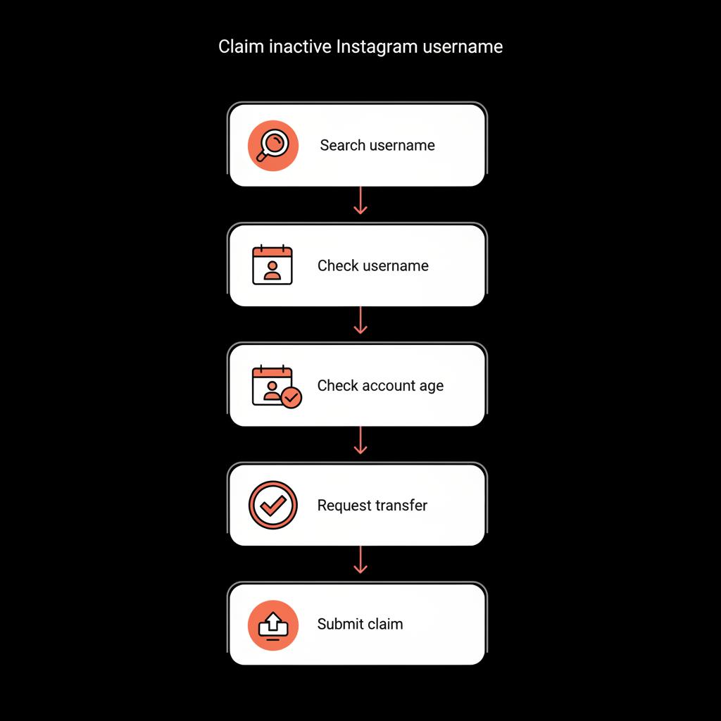 Minimal vertical infographic flowchart with four vector icons showing steps to claim inactive Instagram username on a black background with gray and orange brand accents
