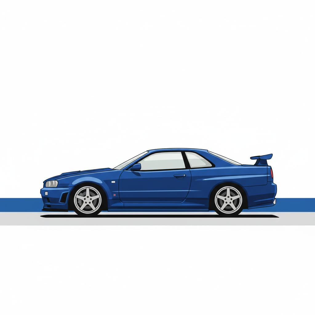 Minimalist 2D vector side profile of a V Spec R34 GT R on a coastal road suggesting collector appeal nissan skyline r34 for sale