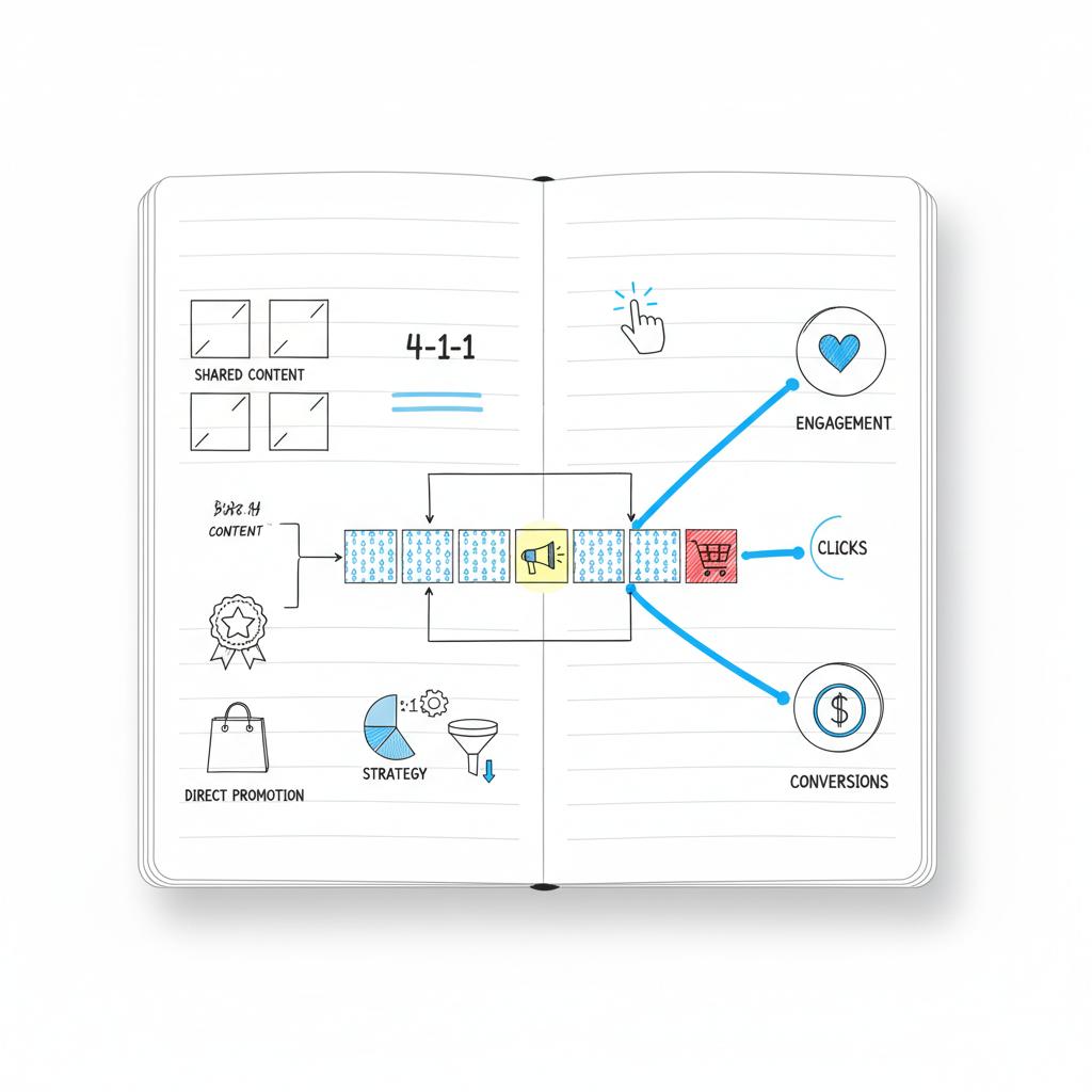 Overhead 2D vector notebook illustration mapping tweet formats to goals with a single #1a5bfb highlighted path from value to conversion &mdash; 4-1-1 rule on Twitter.