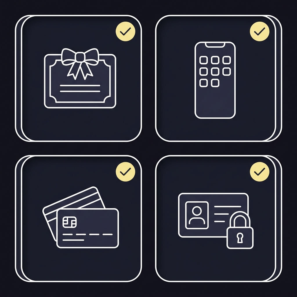 Minimal 2D vector checklist showing certificate smartphone credit cards and ID card with padlock each marked with an accent check on a Funded Plays dark background for bookmaker eu mobile app