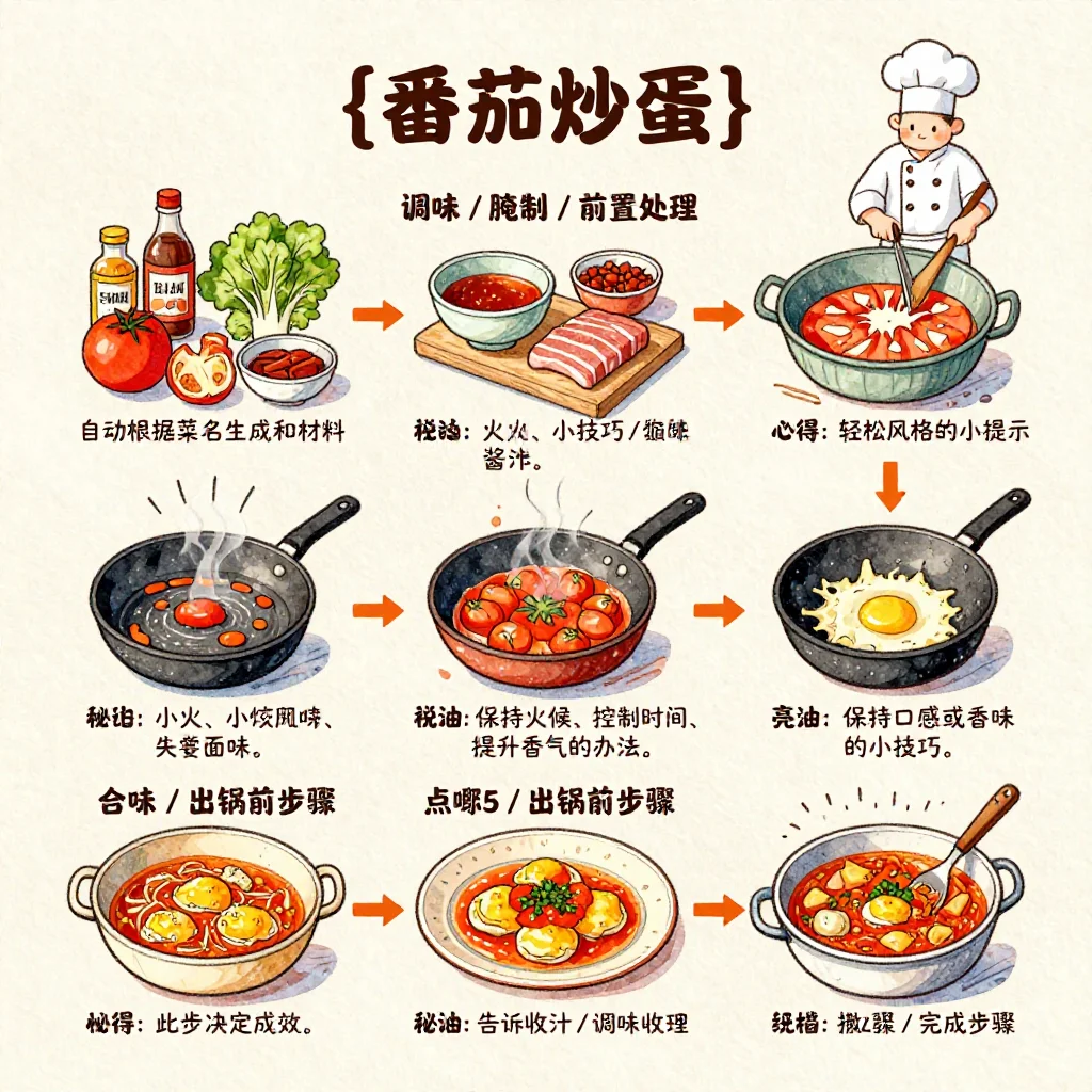 Infografía de receta de huevos revueltos con tomate dibujada a mano