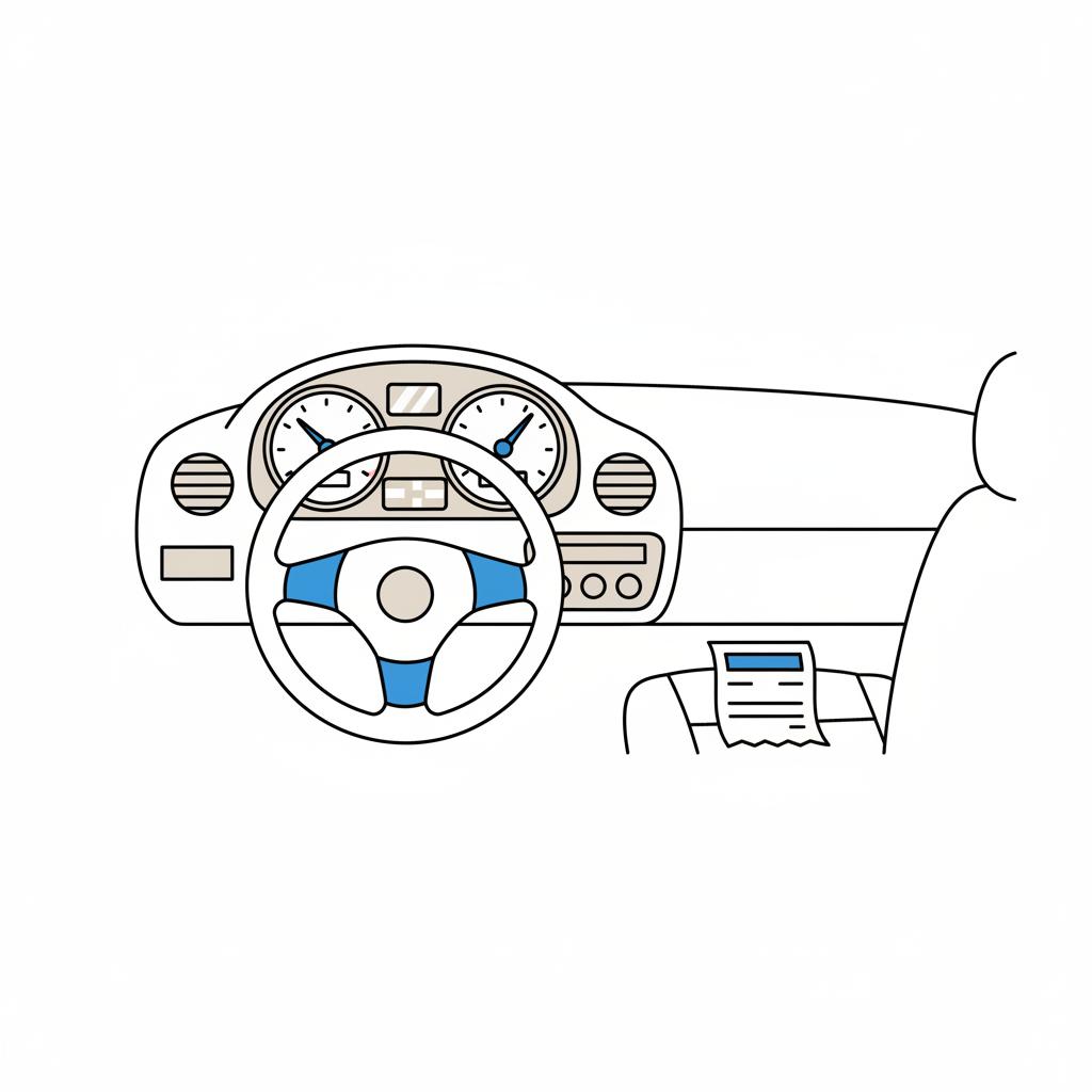 Minimalist vector interior view of a chevrolet trax car dashboard with instrument cluster and neutral odometer area and a blank service receipt on the passenger seat