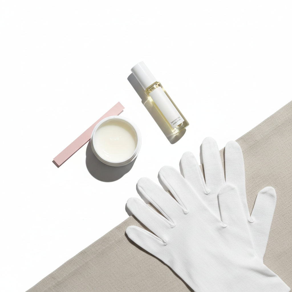 Top-down Foto eines aufgeräumten Schminktischs mit weißer Vaselinedose, minimalistischer Nagelhautöl-Flasche, gefalteten Baumwollhandschuhen und Leinenstoff im NailX-Stil – Vaseline entzündungshemmend
