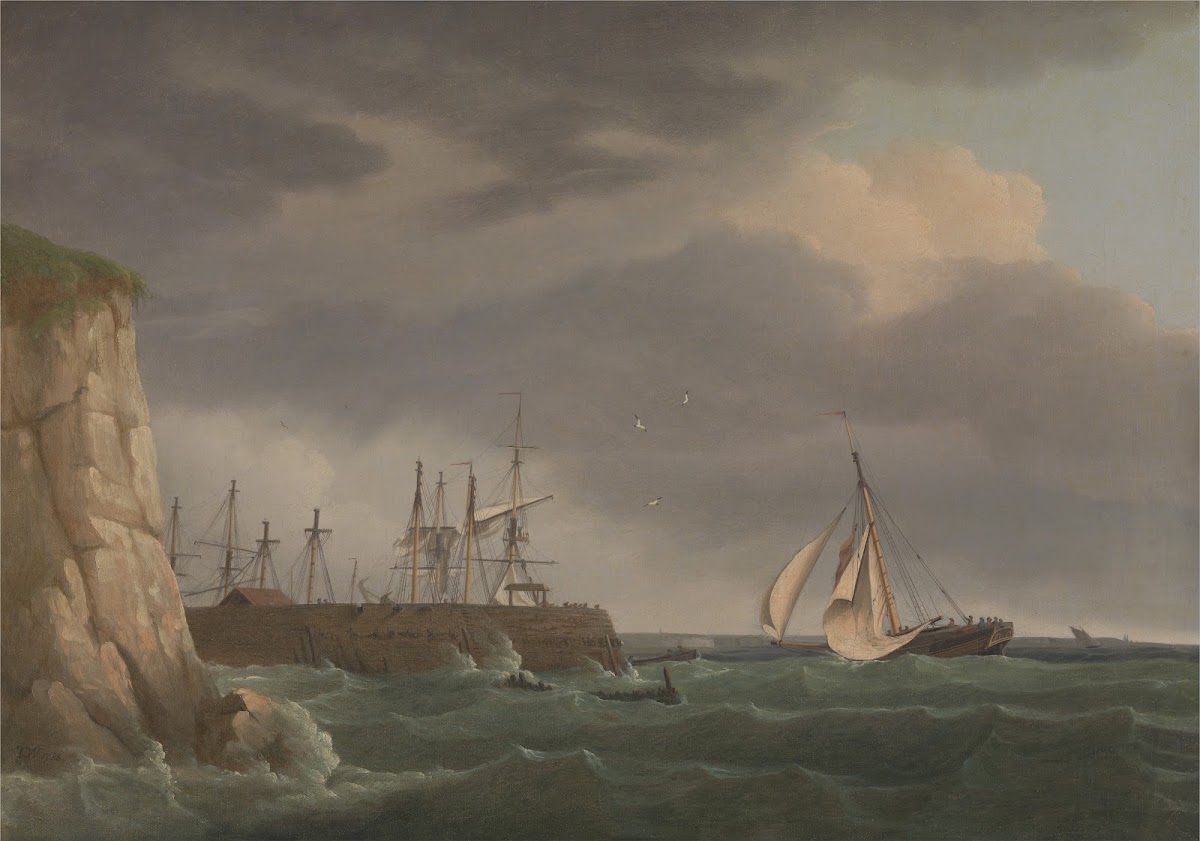 A Ship Running into Harbour with Other Craft at a Jetty