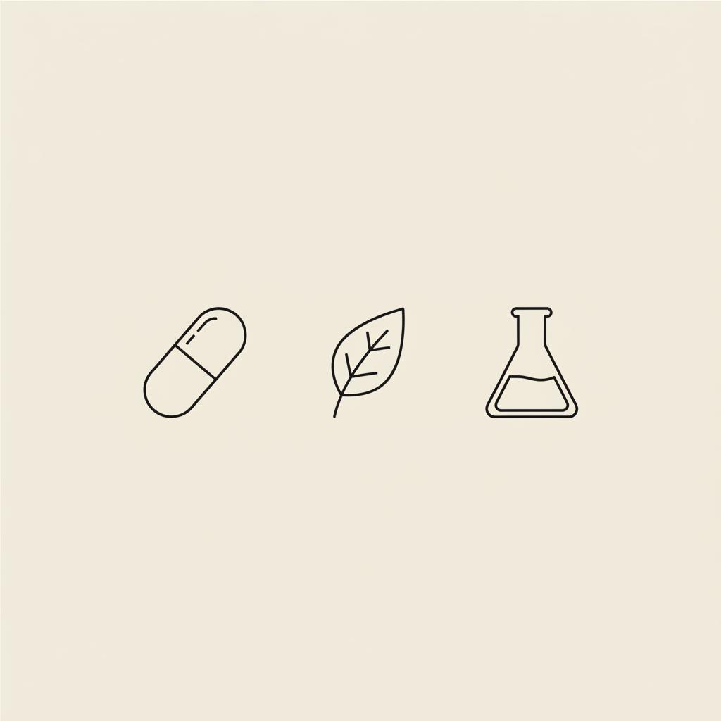 Minimalist Tonum-style line illustration of a capsule, botanical leaf, and lab beaker on beige background representing best supplements for blood sugar control