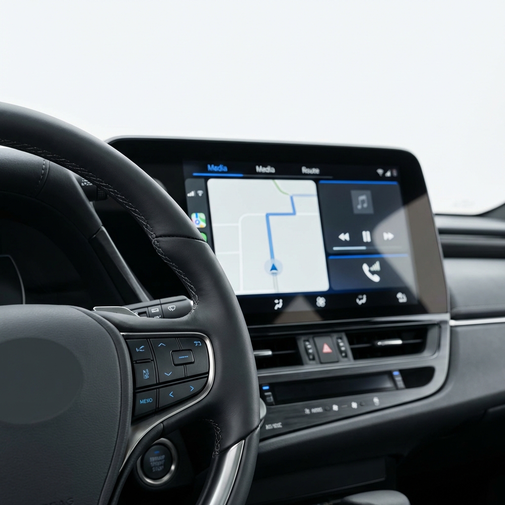 Close up interior view of Lexus ES infotainment screen and steering wheel showing common user interface elements on a minimalist white studio background lexus es 350 for sale