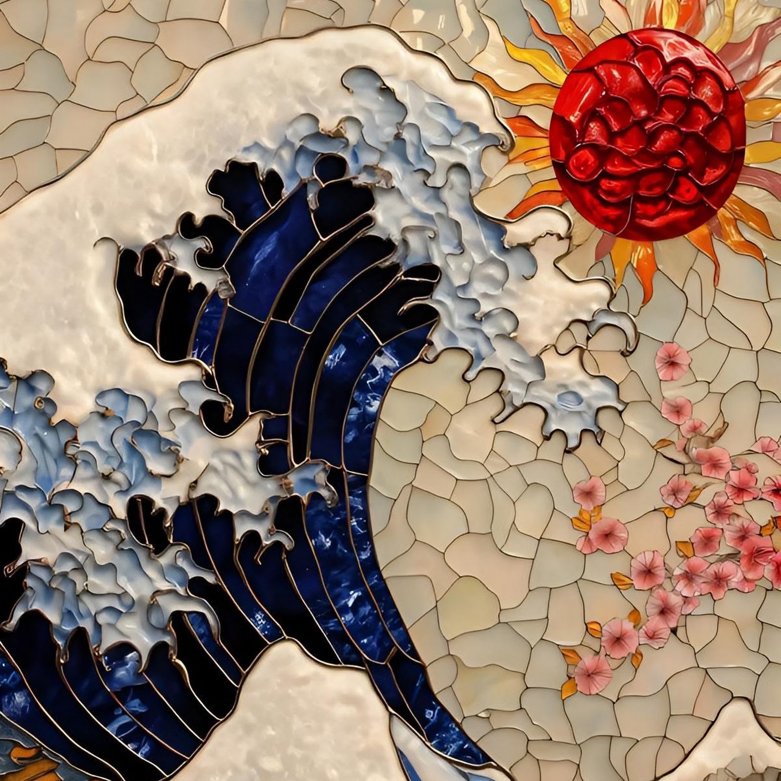 Download Stained Glass Art, Japanese Art, Ocean Wave, Sunrise Full HD iPhone