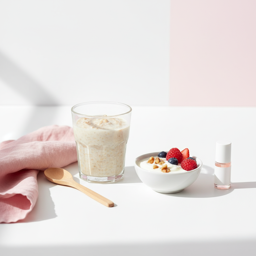 Helles Frühstück mit Haferbrei, Naturjoghurt, Walnüssen, Beeren und unbeschriftetem Nagelöl‑Fläschchen am Rand – Nägel stärken Ernährung