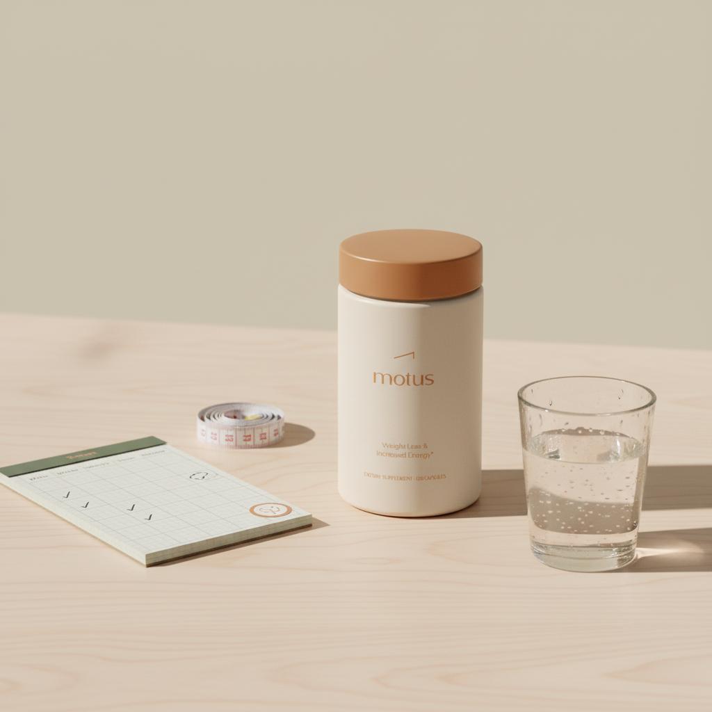 Tonum Motus container on a light wooden table with a week-by-week tracker notepad, glass of water and measuring tape in Tonum colors — berberine weight loss timeline