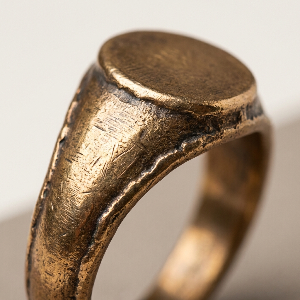 Macro close up of a roman bronze ring hoop showing casting seams and tool marks on shoulders and bezel on a soft beige background