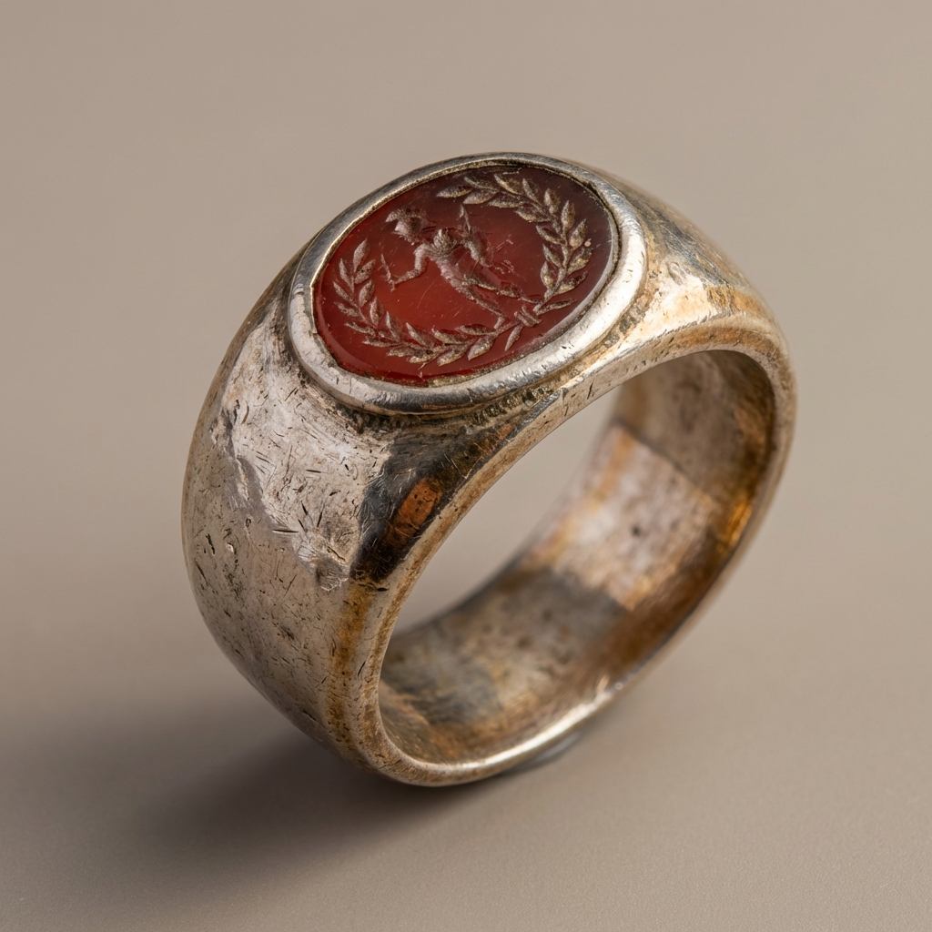 Macro oblique view of a roman silver ring intaglio showing carved motif and worn crevices with subtle patina on a smooth ede7da beige background
