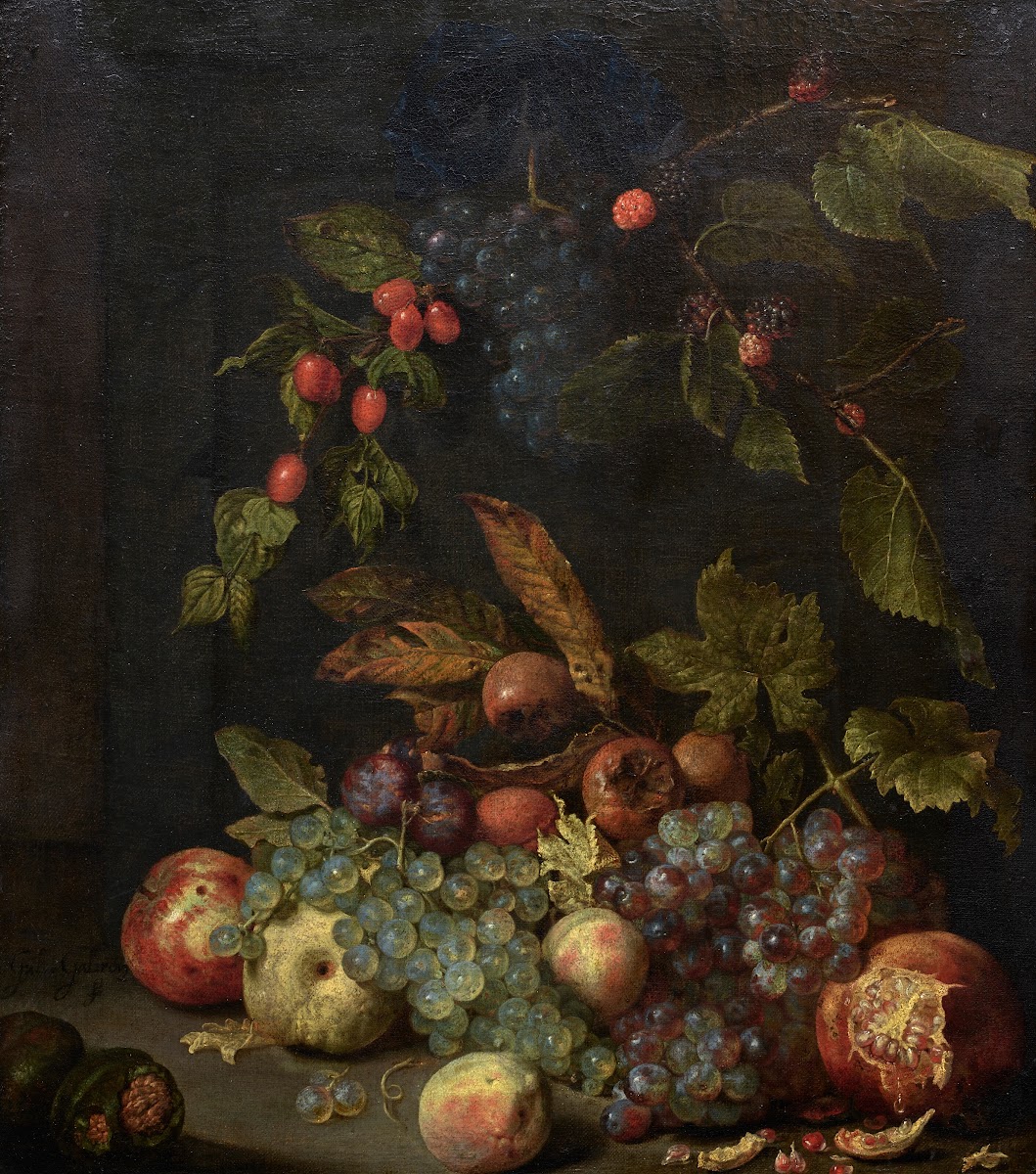 Nature morte aux raisins pommes nèfles mûres prunes et autres fruits