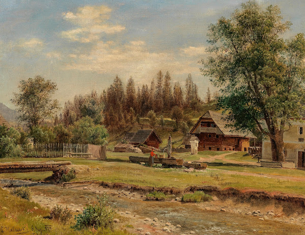Blick auf das Dorf Tutschach bei Aflenz mit dem Jauringbach im Vordergrund 1877