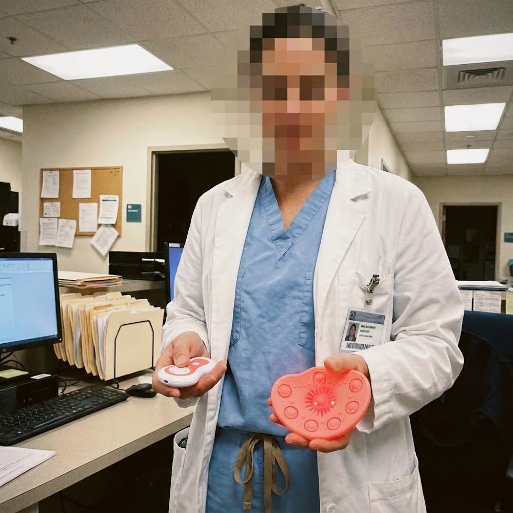 Surgeon holding a red light therapy panel