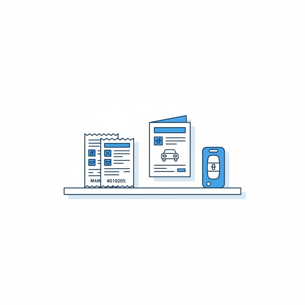 Minimalist 2D vector of a stack of maintenance receipts and a vehicle history report on a table next to car keys representing bmw m4 for sale