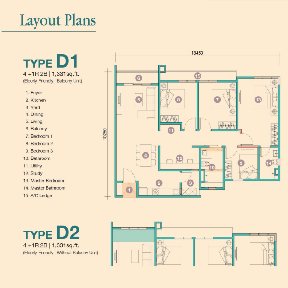 D'Tessera Type D1 floor plan — 1300 sq ft, 4 bedrooms
