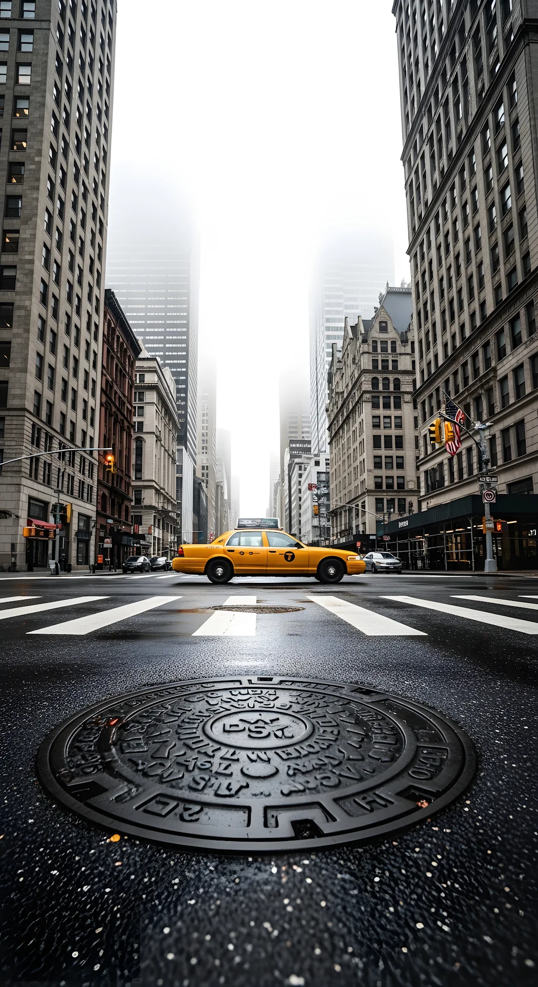 New York City Yellow Taxi on Foggy Downtown Street - Free 4K mobile Wallpaper