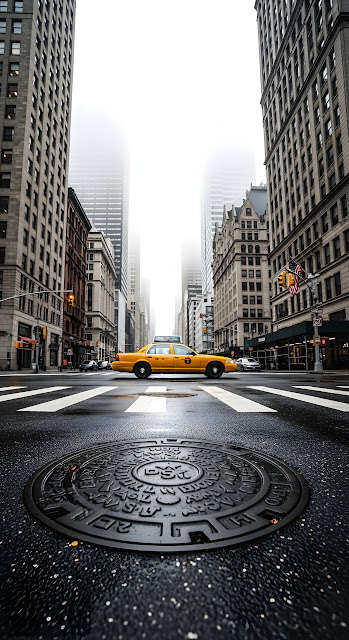 New York City Yellow Taxi on Foggy Downtown Street - Free mobile Wallpaper