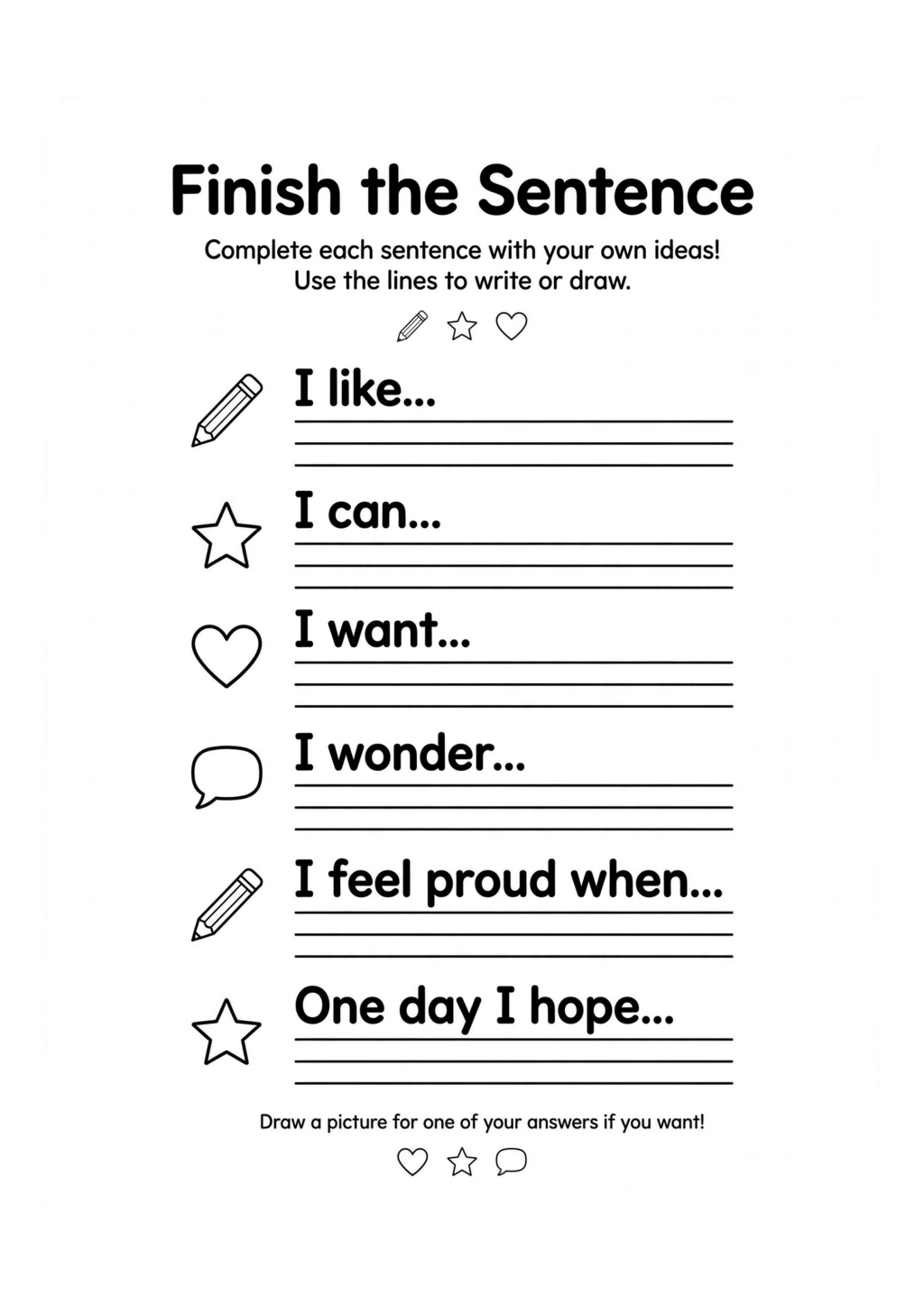 Finish the Sentence Writing Prompts Worksheet