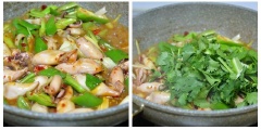 Tiếp đến bạn chuẩn bị tỏi băm nhuyễn, ớt cắt miếng nhỏ. Sau đó bắc chảo lên bếp cùng 3 muỗng canh dầu ăn, khi dầu nóng đều thì bạn cho tỏi ớt vào phi thơm cùng với sa tế rồi cho mực vào xào. Khi mực bắt đầu săn lại thì bạn cho ớt sừng, muối, nước mắm vào xào cho đến khi ớt bắt đầu chuyển mềm thì cho hành, ngò rí vào đảo thêm khoảng 30 giây nữa là được.