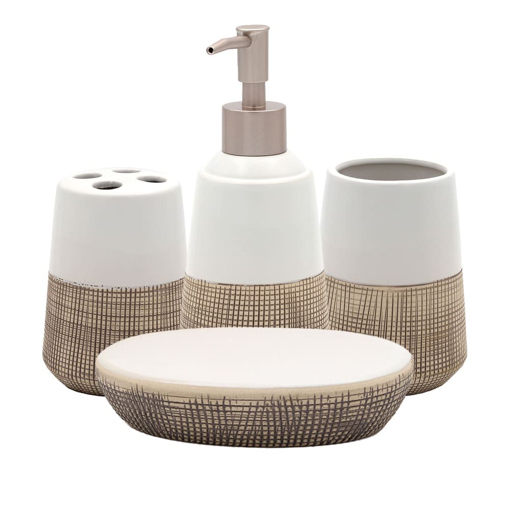 Set de baño de cerámica Zonana™ color blanco/café, 4 piezas
