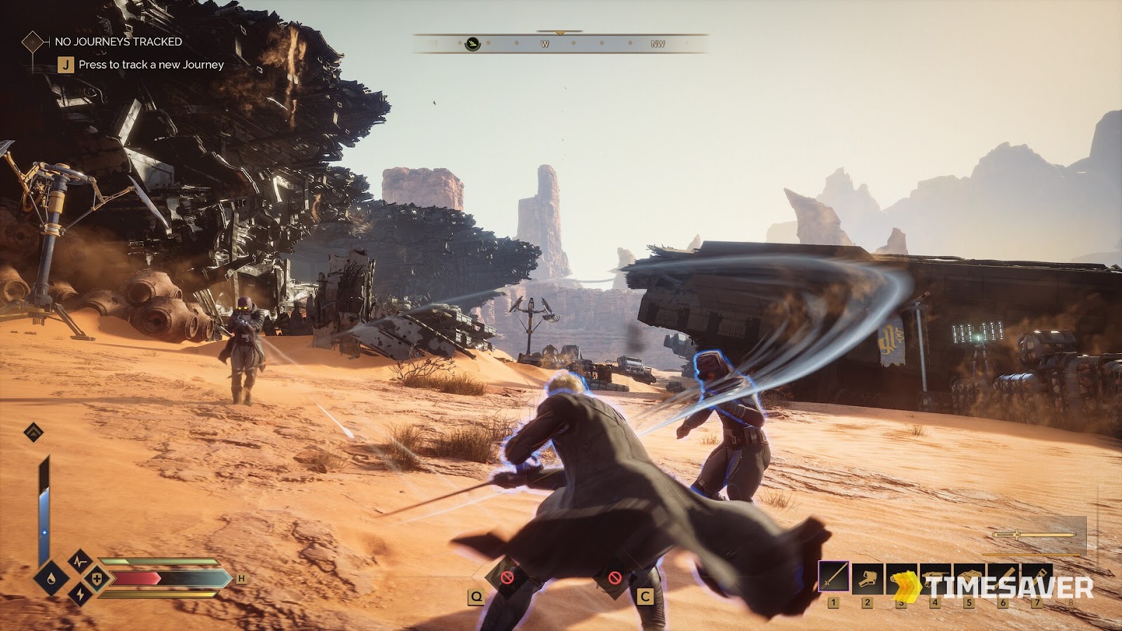 Dune Awakening desert gameplay with survival structures on Arrakis