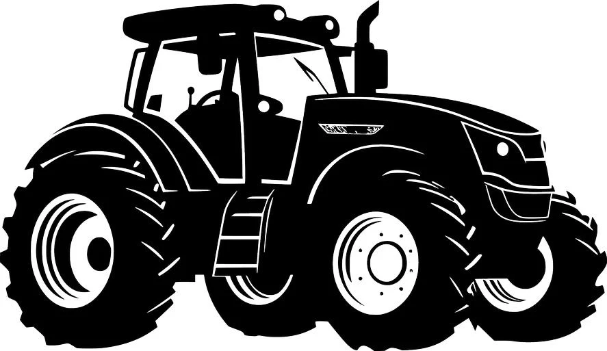 Black and white silhouette of a modern farm tractor, shown from the side, available as a free SVG cut file for Halloween crafts.