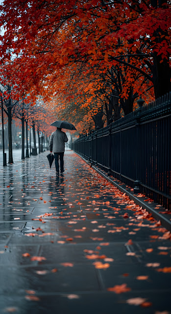 A Man with an Umbrella Walking Down a Wet, Autumn Tree-Lined City Sidewalk in the Rain - Free mobile Wallpaper