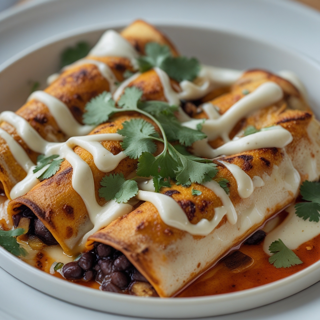 Final Golden Plantain & Black Bean Enchilada Bake with Smoky Adobo Crema