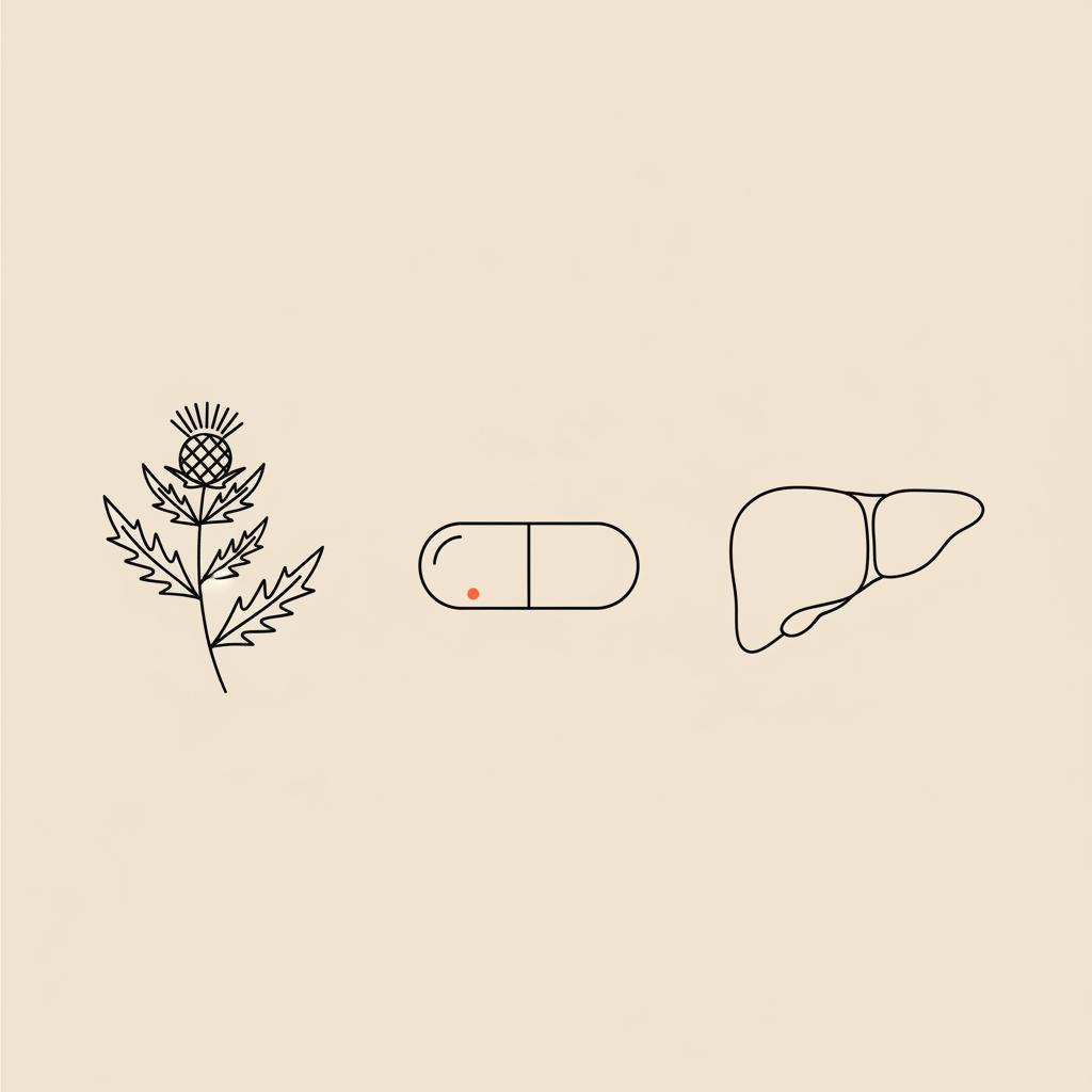 Minimal line illustration of a milk thistle plant beside a capsule and simple liver icon on beige background — does milk thistle help with weight loss?