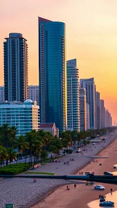 Coastal Skyscraper Sunset View Over Tropical Beachfront