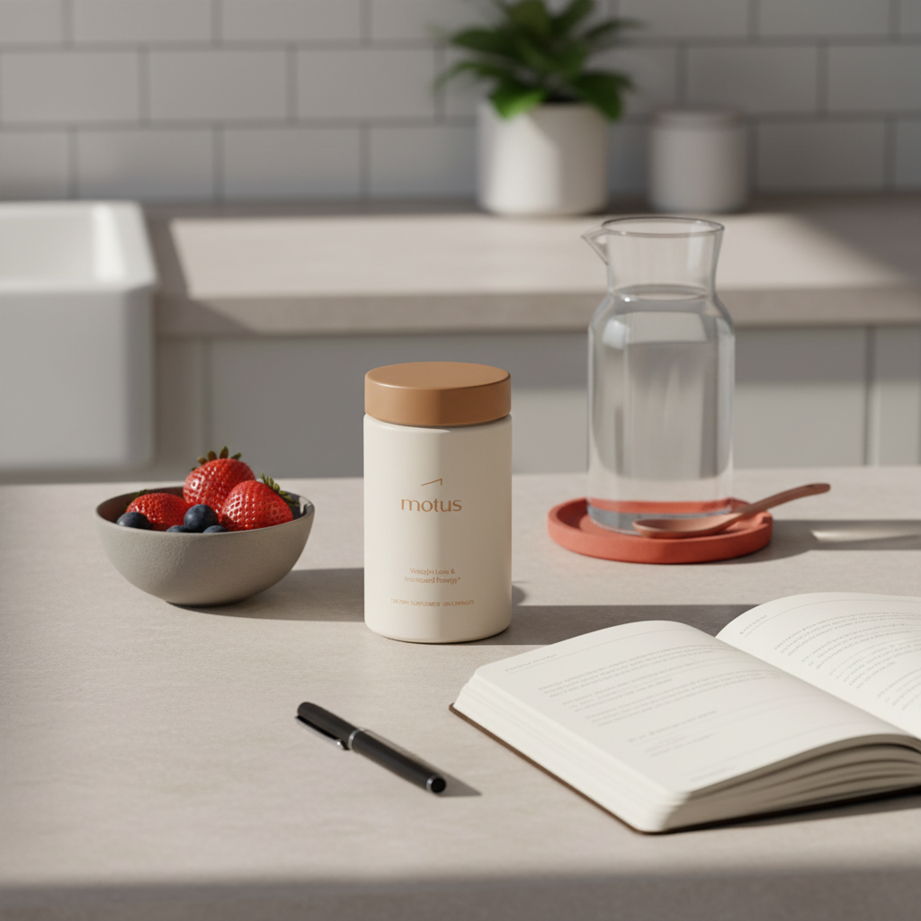 Motus supplement jar on a bright minimalist kitchen counter beside a small bowl of berries, an open paperback notebook and a glass carafe of water — best probiotic for belly fat loss