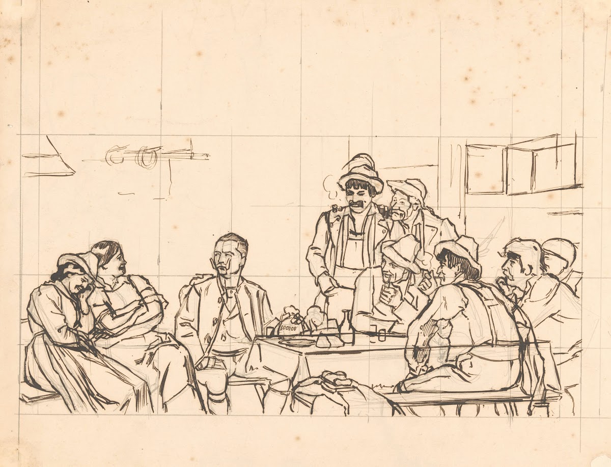Ontwerp voor illustratie in De Amsterdammer Duitsers in een herberg 1902