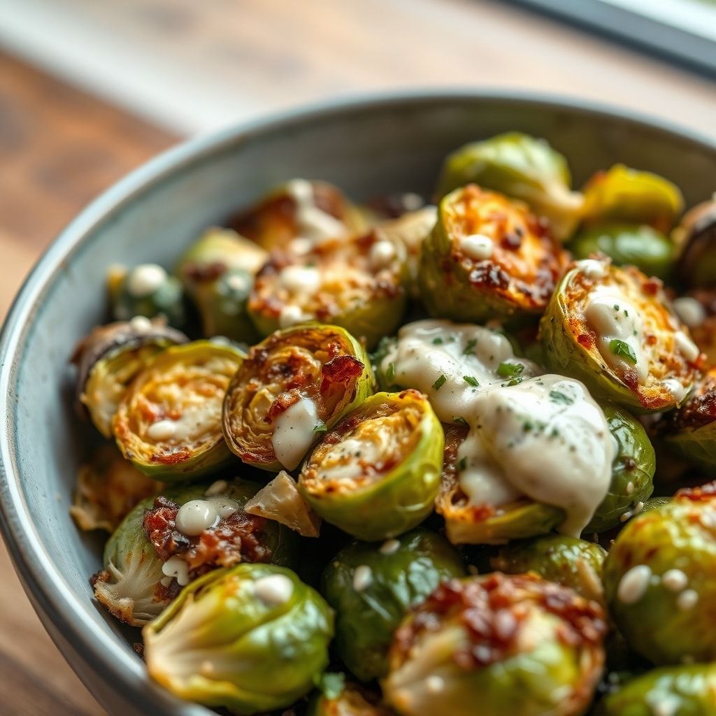 Crispy Roasted Brussels Sprouts with Creamy Tahini Caesar Dressing (Easy)